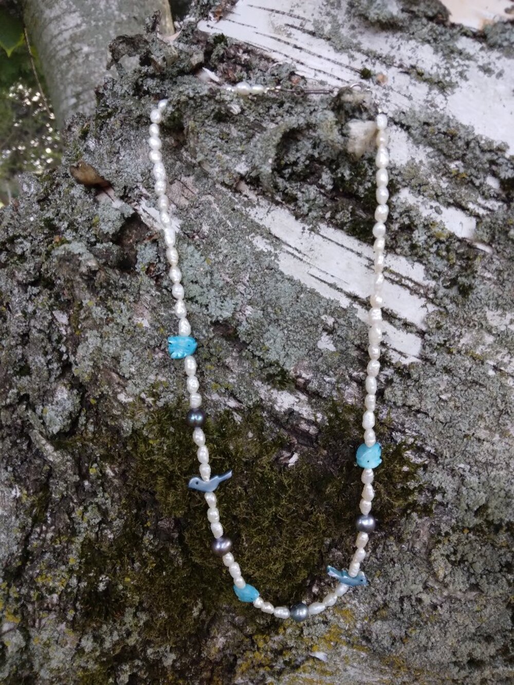Vintage Rice Pearl and Dyed Shell Necklace